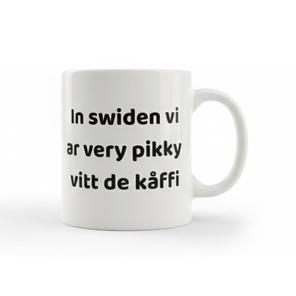 Produktrubrik Svengelska mugg – In Swiden vi ar very pikky vitt de kåffi