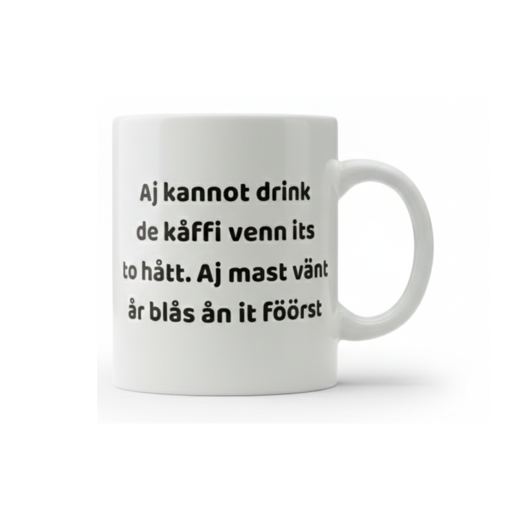 Svengelska mugg – Aj kannot drink de kåffi venn its to hått