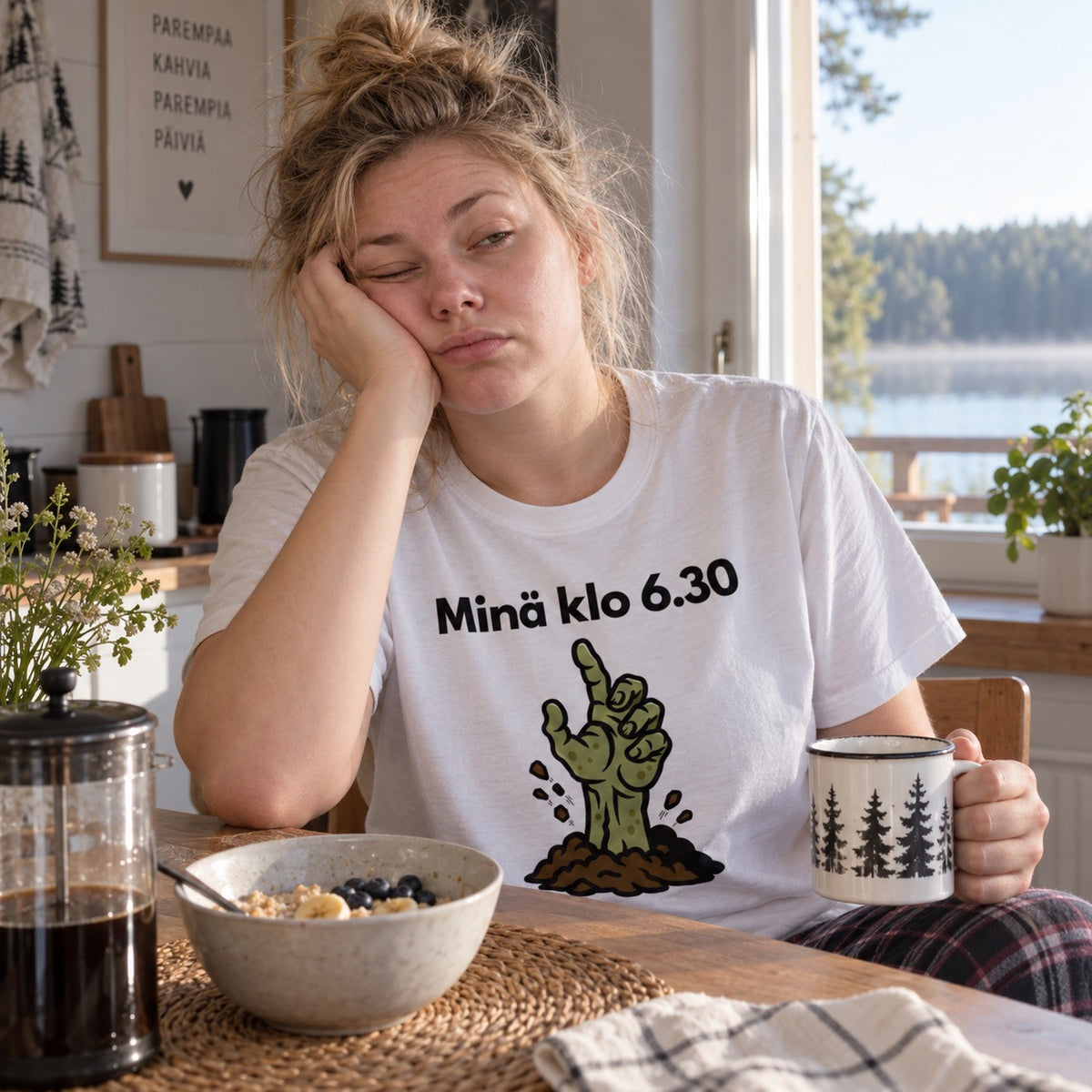 Minä klo 6.30 – Hauska T-paita aamu-unisille
