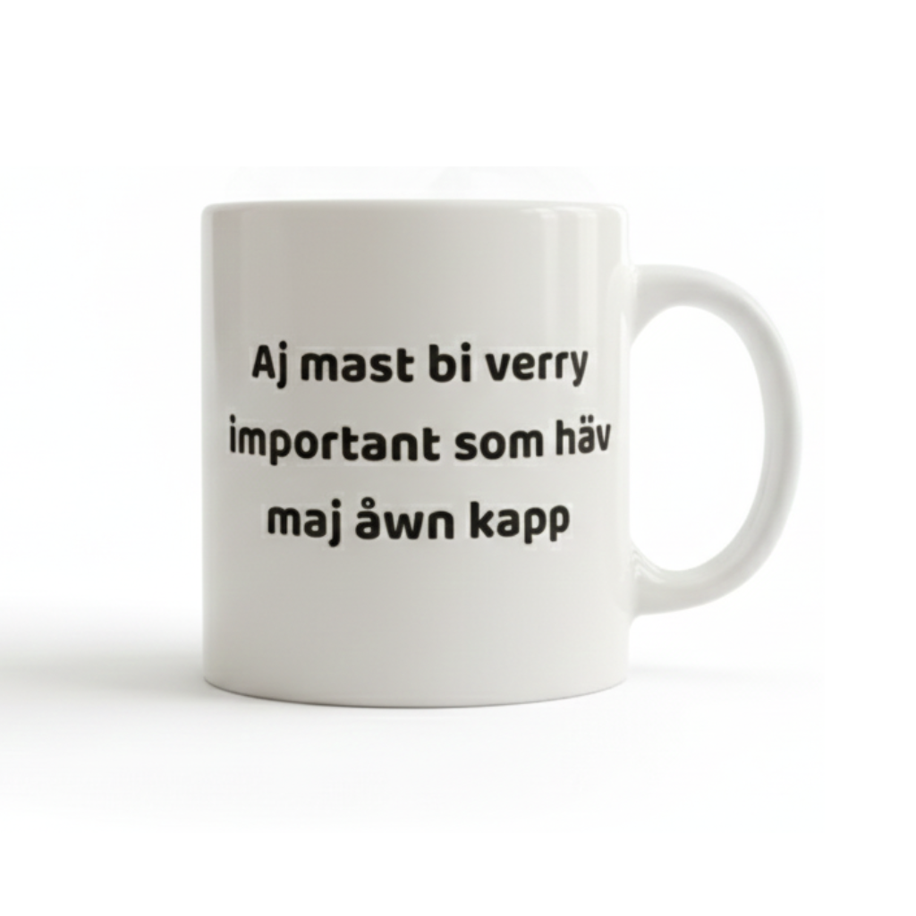 Svengelska mugg – Aj mast bi very important som häv maj åwn kapp