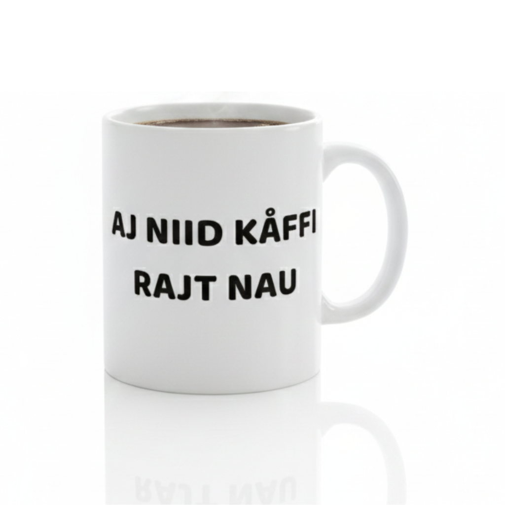 Svengelska mugg – Aj Niid Kåffi, Rajt Nau