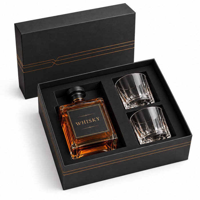 Whiskyset i presentbox – flaska & 2 glas