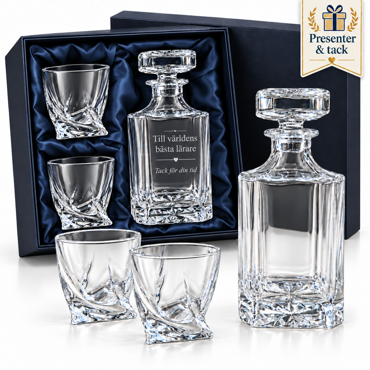 Premium whiskyset med personlig gravyr – karaff & 2 glas i presentbox